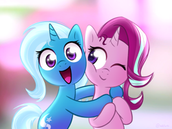 Size: 2732x2048 | Tagged: safe, artist:notfocks, derpibooru import, starlight glimmer, trixie, pony, unicorn, blurry background, cute, diatrixes, duo, female, glimmerbetes, happy, hug, lesbian, looking at each other, looking at someone, looking at you, one eye closed, open mouth, open smile, shading, shipping, smiling, smiling at each other, smiling at you, startrix