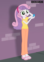 Size: 661x935 | Tagged: safe, artist:excelso36, part of a set, sweetie belle, human, equestria girls, brick wall, clothes, commission, hand mirror, heels, shoes, sidewalk, smiling, solo