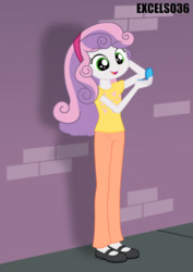 Size: 661x935 | Tagged: safe, artist:excelso36, part of a set, sweetie belle, human, equestria girls, brick wall, clothes, commission, hand mirror, shoes, sidewalk, smiling, solo