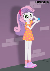 Size: 661x935 | Tagged: safe, artist:excelso36, part of a set, sweetie belle, human, equestria girls, brick wall, clothes, commission, hand mirror, shoes, sidewalk, smiling, solo