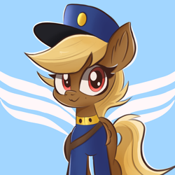 Size: 2048x2048 | Tagged: safe, artist:thebigstuff, artist:thebigstuff89, derpibooru import, pegasus, pony, :3, bag, big eyelashes, blonde, blue background, clothes, female, folded wings, hat, looking at you, mare, red eyes, simple background, smiling, solo, telegram pony, uniform, wings