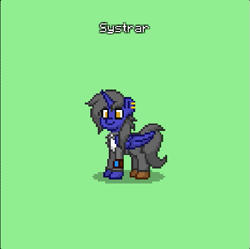 Size: 501x498 | Tagged: safe, alternate version, derpibooru import, oc, oc only, oc:systrar, alicorn, pony, fallout equestria, alicorn oc, clothes, ear piercing, earring, green background, horn, jewelry, piercing, pipbuck, pixel art, simple background, solo, wings