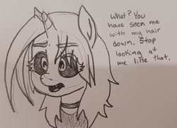 Size: 2048x1488 | Tagged: safe, artist:pony quarantine, derpibooru import, oc, oc only, oc:dyx, alicorn, pony, bust, choker, dialogue, eye clipping through hair, female, filly, foal, grayscale, loose hair, monochrome, pencil drawing, solo, traditional art