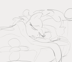 Size: 907x790 | Tagged: safe, artist:dotkwa, derpibooru import, fluttershy, pegasus, pony, bed, bed mane, drool, eyes closed, female, grayscale, lying down, mare, monochrome, on side, pencil drawing, sleeping, solo, traditional art