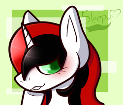 Size: 2000x1716 | Tagged: source needed, safe, artist:sleepy, derpibooru import, oc, oc:lanaia, pony, unicorn, blushing, bust, colored pupils, embarrassed, female, filly, foal, grin, hoof on chin, horn, portrait, simple background, smiling, solo, two toned mane, watermark