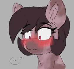 Size: 728x681 | Tagged: safe, artist:reddthebat, derpibooru import, oc, oc only, oc:number nine, earth pony, pony, ..., blushing, bust, ear fluff, ears, female, gray background, mare, simple background, solo, wavy mouth