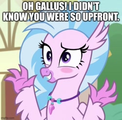 Size: 511x500 | Tagged: safe, derpibooru import, edit, edited screencap, screencap, silverstream, uprooted, blushing, caption, image macro, implied gallus, solo, text