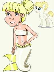 Size: 719x944 | Tagged: safe, artist:ocean lover, derpibooru import, summer breeze, human, mermaid, pegasus, bandeau, bare midriff, bare shoulders, beautiful, belly, belly button, blonde, blonde hair, blue eyes, fins, fish tail, friendship student, hair bun, hand on hip, human coloration, humanized, looking up, mermaid tail, mermaidized, mermay, midriff, ms paint, reference, sleeveless, smiling, species swap, tail, tail fin, teenager