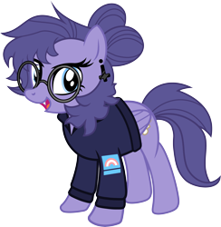 Size: 3243x3323 | Tagged: safe, artist:jaye, derpibooru import, oc, oc only, oc:vylet, pegasus, pony, clothes, ear piercing, earring, fangs, glasses, hair bun, hoodie, jewelry, piercing, show accurate, simple background, solo, transgender, transparent background, vector, vylet pony