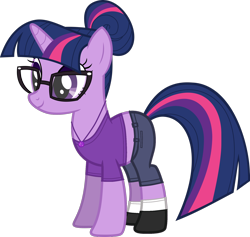 Size: 1920x1821 | Tagged: safe, artist:edy_january, derpibooru import, sci-twi, twilight sparkle, pony, unicorn, equestria girls, balenciaga, balenciaga fashion show 2023, clothes, denim, denim shorts, equestria girls ponified, fashion, fashion show, female, geode of telekinesis, glasses, jeans, jewelry, link in description, magical geodes, mare, midriff, new york, new york style, outfit, pants, ponified, purple shirt, sexy, shirt, shoes, short pants, shorts, simple background, socks, solo, t-shirt, the twilly rave, transparent background, unicorn sci-twi, united states