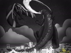 Size: 2732x2048 | Tagged: safe, artist:lordshrekzilla20, derpibooru import, kaiju, fanfic:a king to a god, atomic breath, fanfic art, fight, godzilla, godzilla (series), hokmuto, muto