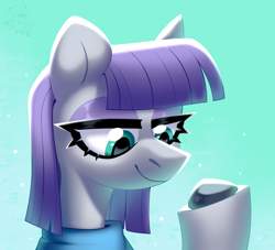 Size: 3200x2900 | Tagged: safe, artist:rtootb, derpibooru import, boulder (pet), maud pie, earth pony, pony, g4, bangs, bust, closed mouth, clothes, cute, digital art, eyelashes, eyeshadow, female, gradient background, green background, green eyes, happy, icon, looking at something, makeup, mare, maudabetes, pet, portrait, purple mane, shading, short hair, simple background, smiling, smiling maud pie, solo, solo female, sparkles, stone, when she smiles