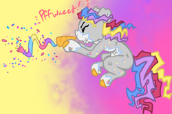 Size: 1601x1059 | Tagged: safe, artist:nootaz, derpibooru import, oc, oc only, oc:griselda dulce, detachable horn, gradient background, horn, party horn, piñata, piñata pony, solo