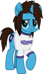 Size: 716x1215 | Tagged: safe, artist:lightningbolt, derpibooru exclusive, derpibooru import, pony, unicorn, .svg available, clothes, frown, geoff wigington, horn, jewelry, looking at you, male, movie accurate, necklace, nose piercing, piercing, ponified, raised hoof, raised leg, shirt, simple background, solo, species swap, stallion, standing, svg, t-shirt, transparent background, vector, waterparks