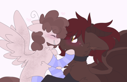 Size: 2800x1800 | Tagged: safe, artist:puppie, derpibooru import, oc, oc only, oc:raevyn, oc:whiskey dreams, demon, demon pony, incubus, incubus pony, pegasus, blushing, boop, cute, flustered, noseboop, nuzzling, simple background