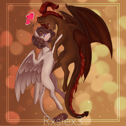 Size: 900x900 | Tagged: artist needed, safe, derpibooru import, oc, oc only, oc:raevyn, oc:whiskey dreams, demon, demon pony, incubus, incubus pony, pegasus, eye contact, floating, looking at each other, looking at someone, love, simple background