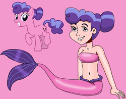 Size: 936x733 | Tagged: safe, artist:ocean lover, derpibooru import, berry blend, berry bliss, earth pony, human, mermaid, background character, bandeau, bare midriff, bare shoulders, belly, belly button, fins, fish tail, friendship student, hair bun, human coloration, humanized, light skin, looking at you, mermaid tail, mermaidized, mermay, midriff, ms paint, pink background, purple eyes, purple hair, reference, simple background, sitting, sleeveless, smiling, smiling at you, species swap, tail, tail fin, teenager, two toned hair