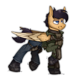 Size: 2300x2300 | Tagged: safe, alternate version, artist:molars, derpibooru import, oc, oc:lockheed venture, pegasus, pony, armor, blue eyes, boots, clothes, colored wings, commission, denim, digital art, folded wings, jacket, jeans, lidded eyes, looking forward, pants, raised hoof, raised leg, shoes, smug, two toned wings, walking, wings