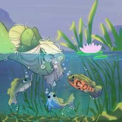 Size: 1080x1080 | Tagged: safe, artist:akiiichaos, derpibooru import, oc, oc only, fish, pony, commission, female, lilypad, pond, underwater, water, ych result