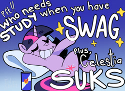 Size: 1050x770 | Tagged: safe, artist:talim_stuff, derpibooru import, twilight sparkle, unicorn twilight, pony, unicorn, drink, energy drink, eyes closed, female, grin, lying down, on back, out of character, red bull, smiling, swag