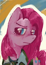 Size: 665x927 | Tagged: safe, artist:yaoimafia, derpibooru import, pinkie pie, earth pony, pony, bust, crossover, disco elysium, female, frown, pinkamena diane pie, portrait, solo