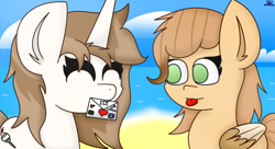 Size: 1320x720 | Tagged: safe, artist:nhale, derpibooru import, oc, oc:calamityy, oc:fluffymarsh, pegasus, unicorn, :p, beach, big ears, brown mane, couple, cute, cutie mark, ears, eyes closed, female, food, green eyes, horn, lesbian, letter, love letter, marshmallow, mouth hold, oc x oc, shipping, tongue, tongue out, wings