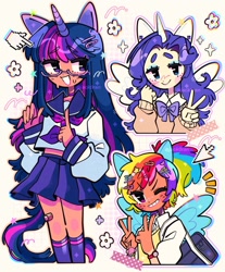 Size: 1440x1736 | Tagged: safe, artist:jack0ran, derpibooru import, rainbow dash, rarity, twilight sparkle, human, pegasus, alicorn humanization, bag, bandaid, bracelet, choker, clothes, eyeshadow, freckles, hairclip, horn, horned humanization, humanized, jewelry, knee high socks, long hair, makeup, peace sign, pony ears, ponytail, race swap, sailor uniform, skirt, socks, tail, tailed humanization, tanned, trio, unicorn horn, uniform, winged humanization, wings