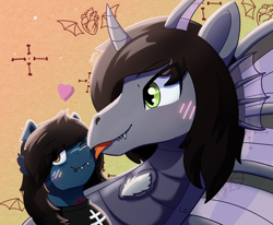 Size: 2780x2296 | Tagged: safe, artist:backgroundpony#f352, derpibooru exclusive, derpibooru import, earth pony, pony, siren, undead, zombie, zombie pony, bags under eyes, blushing, bring me the horizon, clothes, colored blushing, commission, curved horn, cute, eyes open, face licking, fangs, fins, gradient background, horn, kellin quinn, licking, lip piercing, male, oliver sykes, piercing, ponified, scar, shirt, signature, sleeping with sirens, species swap, stallion, tattoo, torn ear