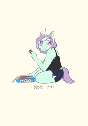 Size: 1423x2048 | Tagged: safe, artist:mscolorsplash, derpibooru import, oc, oc only, oc:mod chi, anthro, unicorn, anthro oc, colored pupils, cookie, eating, female, food, horn, looking at you, mare, name, simple background, sitting, solo, unicorn oc