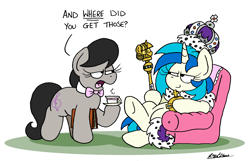 Size: 2500x1611 | Tagged: safe, artist:bobthedalek, derpibooru import, dj pon-3, octavia melody, vinyl scratch, earth pony, pony, unicorn, armchair, book, chair, crown, cup, female, holy hand grenade of antioch, jewelry, mare, octavia is not amused, regalia, scepter, simple background, smug, teacup, twilight scepter, unamused, white background