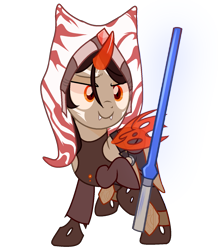 Size: 1319x1512 | Tagged: safe, artist:idkhesoff, derpibooru import, oc, oc only, oc:holocron, alien, changeling, hybrid, pony, belt, changeling hybrid, clothes, coat markings, curved horn, fangs, female, horn, jedi, knee pads, lightsaber, mare, pants, simple background, skirt, solo, star wars, tanktop, togruta, transparent background, weapon