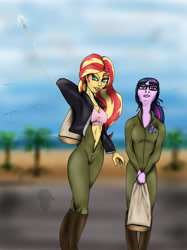 Size: 1235x1650 | Tagged: safe, derpibooru import, sci-twi, sunset shimmer, twilight sparkle, human, equestria girls, aside glance, breasts, cleavage, clothes, fanfic art, female, flight suit, lesbian, looking at you, scitwishimmer, shipping, sunsetsparkle