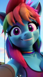 Size: 976x1728 | Tagged: safe, ai content, derpibooru import, generator:stable diffusion, machine learning generated, rainbow dash, anthro, 3d, choker, clothes, female, gloves, long gloves, looking at you, prompter:saphkey, selfie, smiling, solo