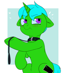 Size: 2500x2757 | Tagged: safe, artist:nevermore228, derpibooru import, oc, oc:green byte, pony, unicorn, :t, blushing, collar, ears, floppy ears, leash, male, passepartout, solo, stallion