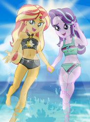 Size: 6912x9384 | Tagged: safe, artist:emeraldblast63, derpibooru import, starlight glimmer, sunset shimmer, equestria girls, absurd resolution, barefoot, breasts, clothes, crepuscular rays, duo, feet, female, high res, holding hands, open mouth, small breasts, swimsuit