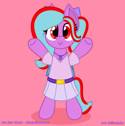 Size: 4481x4519 | Tagged: safe, artist:silvaqular, derpibooru import, oc, oc:star beats, pegasus, pony, amulet, belt, belt buckle, bipedal, blue mane, bow, clothes, colored wings, cute, female, geode, happy, jewelry, multicolored hair, multicolored mane, multicolored tail, multicolored wings, necklace, pegasus oc, ponytail, red eyes, red mane, shirt, skirt, smiling, solo, standing, tail, wings