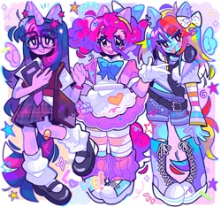 Size: 2048x1915 | Tagged: safe, artist:jack0ran, derpibooru import, pinkie pie, rainbow dash, twilight sparkle, human, alicorn humanization, apron, bag, bandaid, belt, book, bow, clothes, converse, dress, ear piercing, female, glasses, gloves, hair bow, hairband, hairclip, headband, headphones, horn, horned humanization, humanized, necktie, pegasus wings, piercing, pony ears, shoes, shorts, skirt, socks, stockings, thigh highs, tongue piercing, trio, trio female, unicorn horn, winged humanization, wings