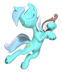 Size: 1700x2000 | Tagged: safe, artist:owlpirate, derpibooru import, lyra heartstrings, pony, unicorn, 3d, belly, dexterous hooves, eyes closed, female, hoof hold, lyre, mare, musical instrument, simple background, smiling, solo, source filmmaker, transparent background, unshorn fetlocks