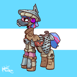 Size: 1280x1280 | Tagged: safe, artist:hotkoin, derpibooru import, twilight sparkle, earth pony, pony, abstract background, armor, earth pony twilight, female, helmet, mask, race swap, solo