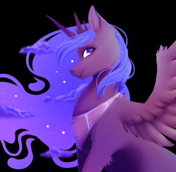 Size: 3889x3801 | Tagged: safe, artist:snailswails, derpibooru import, princess luna, alicorn, pony, black background, ethereal mane, female, mare, profile, simple background, smiling, solo, spread wings, wings