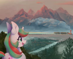 Size: 6904x5612 | Tagged: safe, artist:cupute, derpibooru import, gusty, unicorn, alternate universe, digital art, forest, gusty winds, lineless, mountain, mountain range, painting, river, scenery, scenery porn, train, water