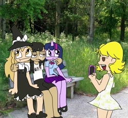 Size: 917x852 | Tagged: safe, artist:anonymare, derpibooru import, twilight sparkle, anthro, human, unicorn, :t, arm on shoulder, bench, butters stotch, cellphone, clothes, crossover, dress, equestria girls outfit, female, horn, kirisame marisa, lesbian, marjorine, phone, polyamory, self insert, skirt, smoking, south park, taking a photo, touhou