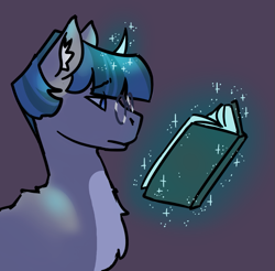 Size: 809x796 | Tagged: safe, artist:hederacea, derpibooru import, stygian, unicorn, g4, book, chest fluff, ear fluff, ears, glasses, glowing, glowing horn, horn, looking at something, magic, simple background, solo