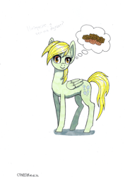 Size: 1200x1697 | Tagged: safe, derpibooru import, derpy hooves, pegasus, pony, concave belly, cyrillic, food, muffin, russian, simple background, solo, thought bubble, white background