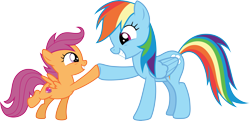 Size: 6177x3000 | Tagged: safe, artist:cloudy glow, derpibooru import, rainbow dash, scootaloo, pegasus, pony, crusaders of the lost mark, duo, duo female, female, filly, foal, hoofbump, mare, proud, siblings, simple background, sisters, smiling, transparent background, vector