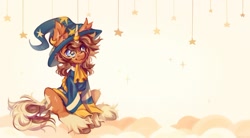 Size: 1280x709 | Tagged: safe, artist:vanilla-chan, derpibooru import, oc, oc only, pony, unicorn, clothes, cute, glasses, hat, horn, horn jewelry, horn ring, jewelry, ocbetes, ring, sitting, smiling, solo, sparkles, stars, unicorn oc, wizard hat