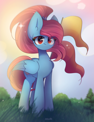 Size: 1700x2200 | Tagged: safe, artist:miryelis, derpibooru import, oc, oc only, oc:rainven wep, pegasus, pony, big ears, ears, flag, forest, grass, ponytail, red eyes, signature, sky, smiling, solo, sparkles, standing, tail