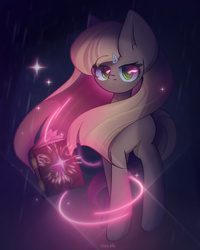 Size: 1600x2000 | Tagged: safe, artist:miryelis, derpibooru import, oc, oc only, oc:shenn brale, earth pony, pony, big ears, book, dark background, ears, glowing, glowing eyes, long hair, looking at you, magic, signature, solo, sparkles, standing