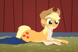 Size: 2351x1567 | Tagged: safe, artist:redpaladin, derpibooru import, applejack, earth pony, human, pony, butt, clothes, cutie mark, human to pony, lying down, male to female, prone, rule 63, species swap, transformation, transgender transformation