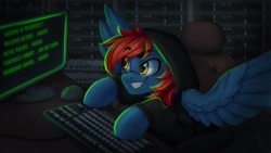 Size: 2048x1152 | Tagged: safe, artist:falafeljake, derpibooru import, oc, oc only, oc:firewire, pegasus, pony, chair, clothes, computer mouse, eye clipping through hair, eyebrows, eyebrows visible through hair, hacker, hacking, hoodie, keyboard, male, monitor, signature, solo, spread wings, stallion, wings